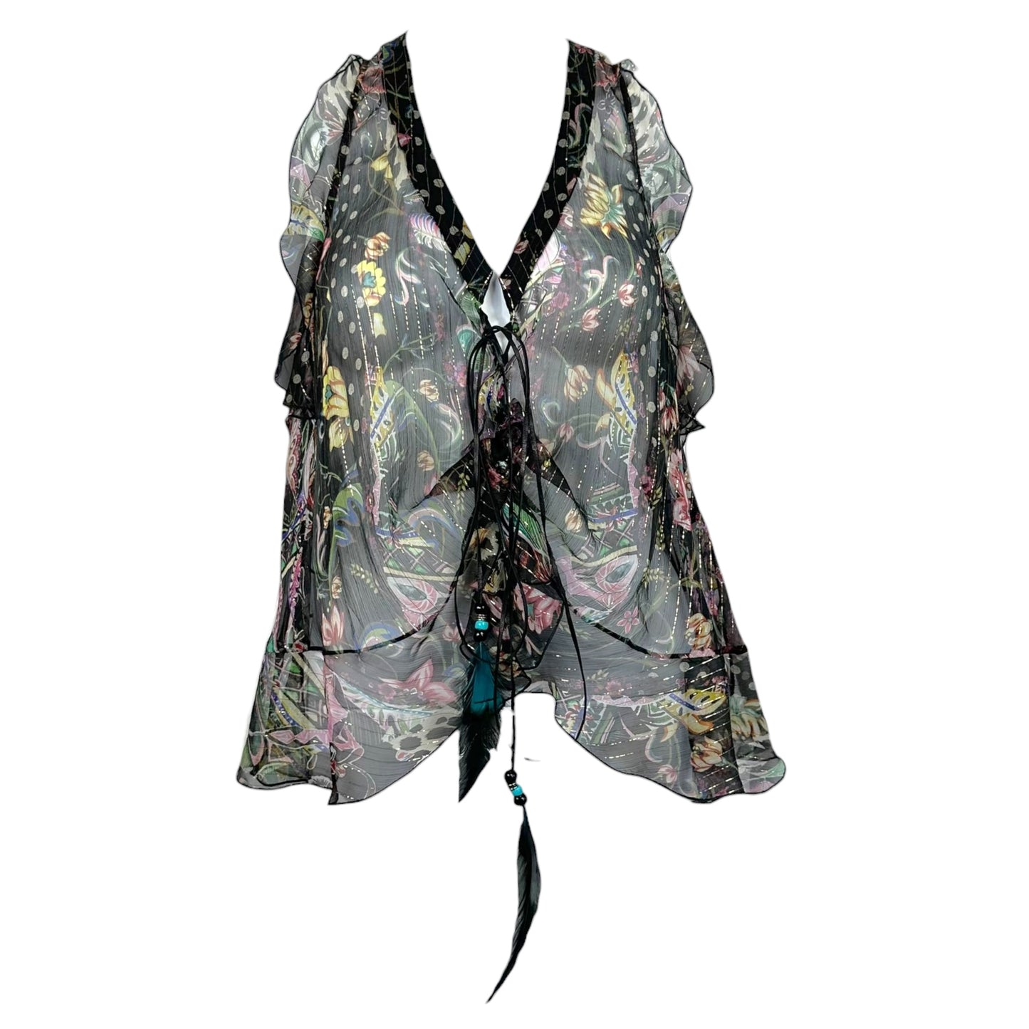 Roberto Cavalli Sheer Metallic Polka Dot & Floral Silk Blouse w/ Feather Ties