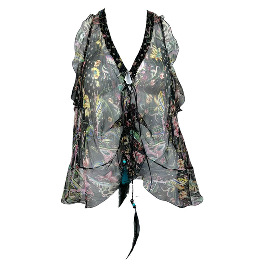 Roberto Cavalli Sheer Metallic Polka Dot & Floral Silk Blouse w/ Feather Ties