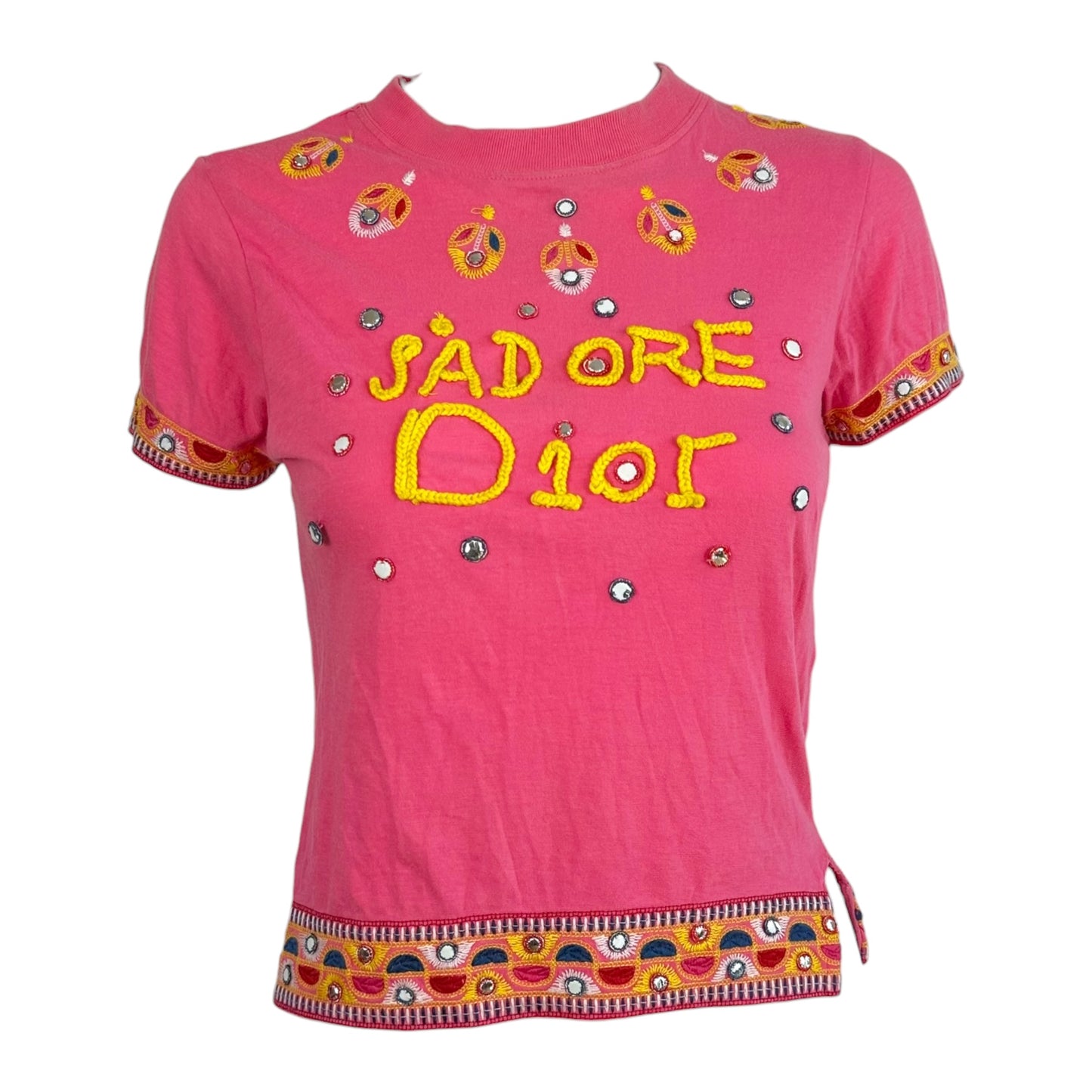 Christian Dior S/S 2004 J'Adore Dior Pink & Yellow Embroidered & Embellished Baby Tee