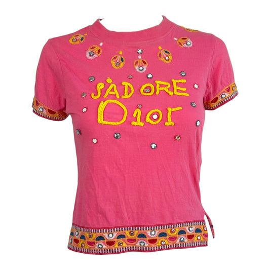 Christian Dior Baby Tee Pink Yellow Embroidered Cotton