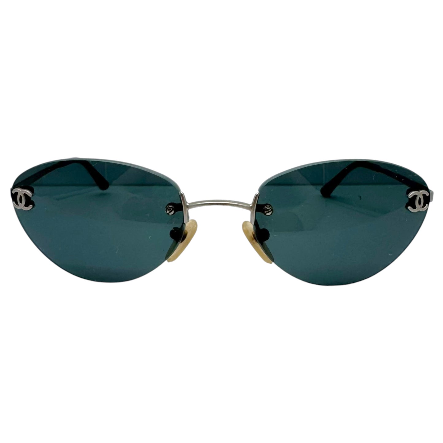 Chanel Rimless Oval Sunglasses Black Silver Logo