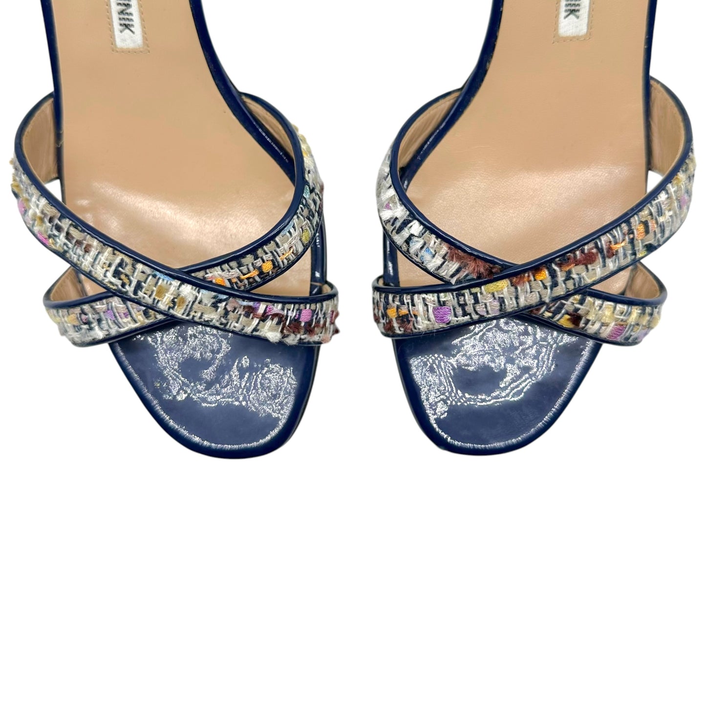 Manolo Blahnik Blue Patent & Multicolor Tweed Kitten Heel Sandal Mules
