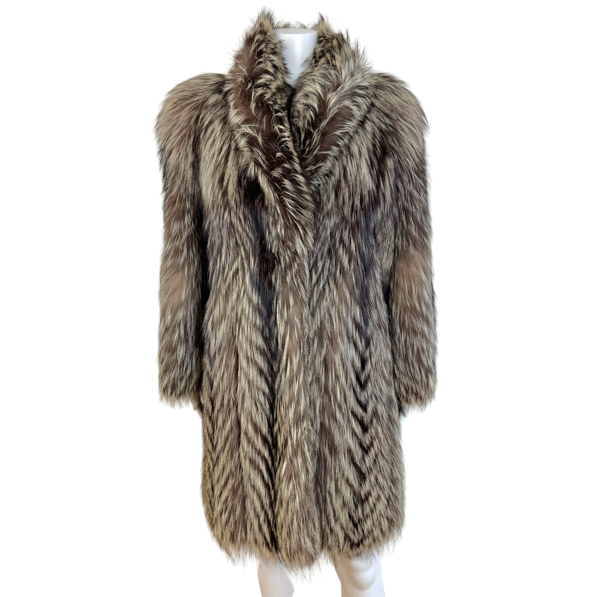 Saga Fox Brown Ivory Silver Fox Fur Mid-Length Coat