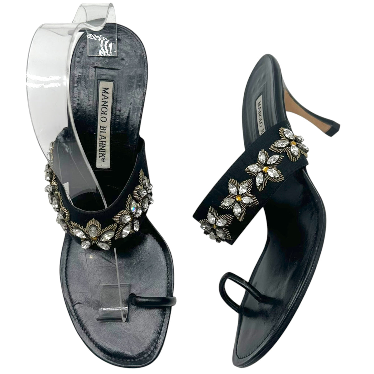 Manolo Blahnik Black Beaded Strap Kitten Heel Sandals