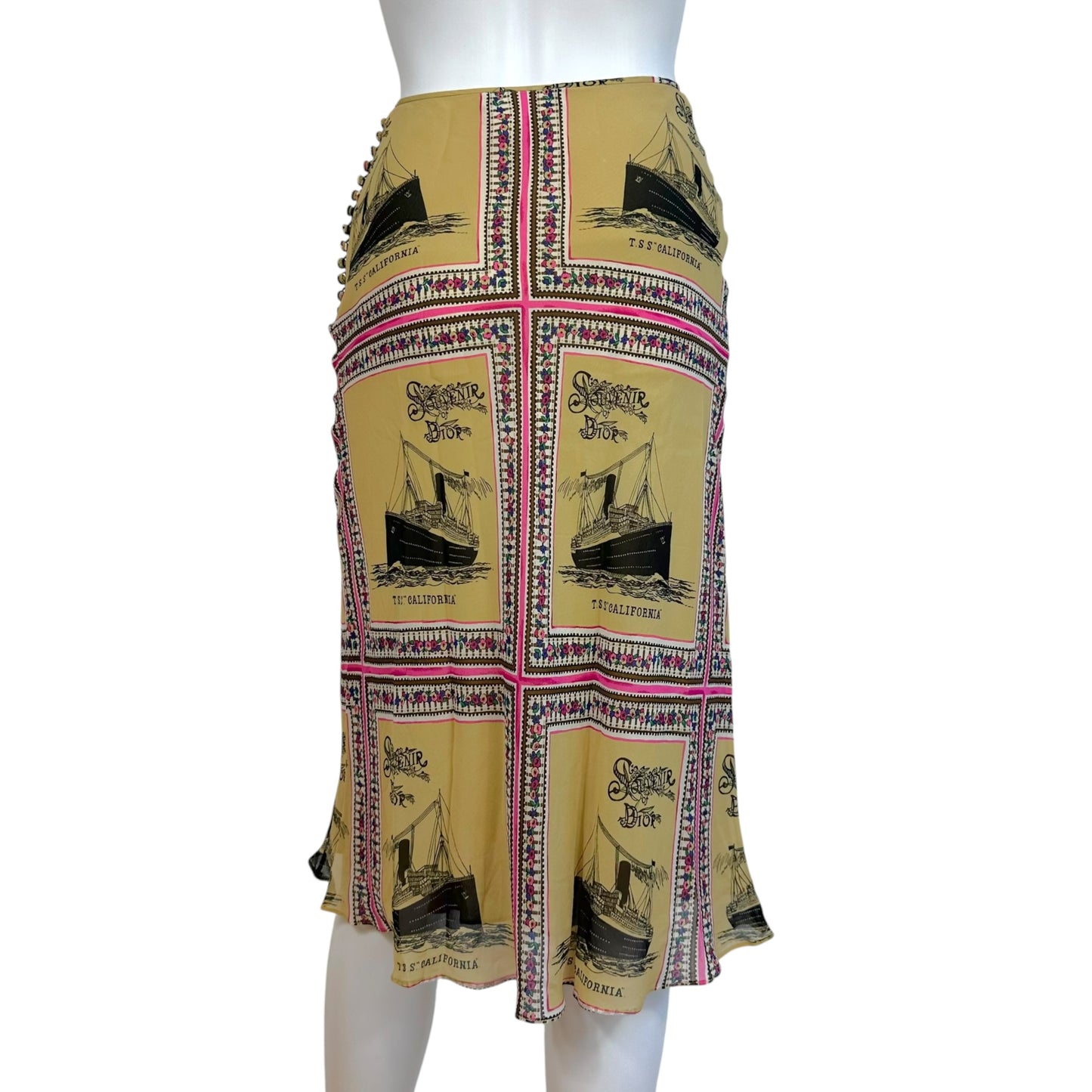 Christian Dior 'Souvenir of Dior' Beige Ship Printed Silk Midi Skirt