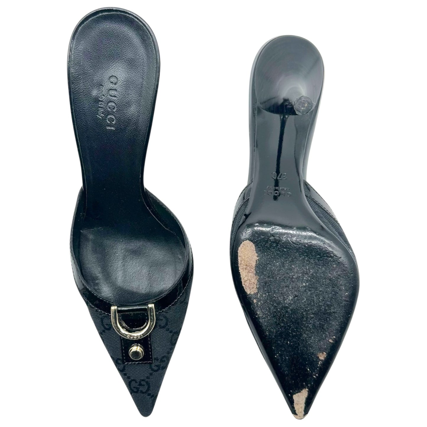 Gucci Black Monogram Pointed Toe Mule Heels