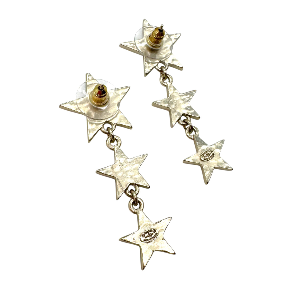 Chanel Silver Dangly CC Logo Star Earrings