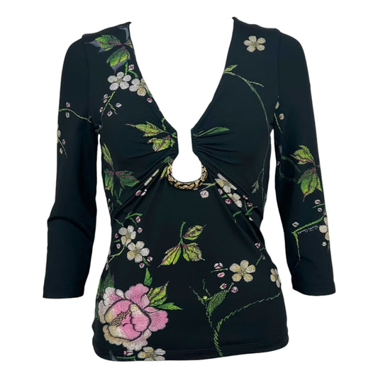Roberto Cavalli Black Multicolor Floral & Snake Charm Plunge Neck 3/4 Sleeve Top