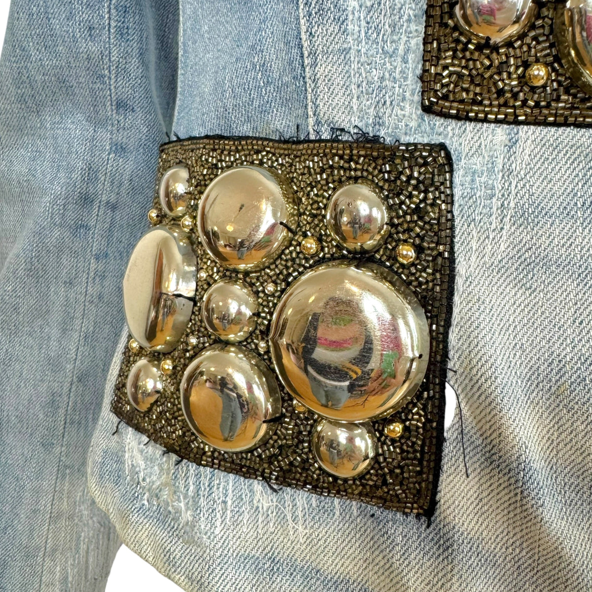 Dolce & Gabbana Silver Beaded Distressed Denim Jacket