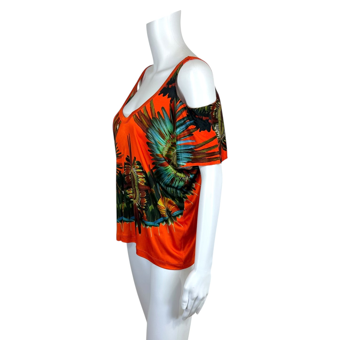 Jean Paul Gaultier Soleil Bright Orange Palm Print Cold Shoulder Top
