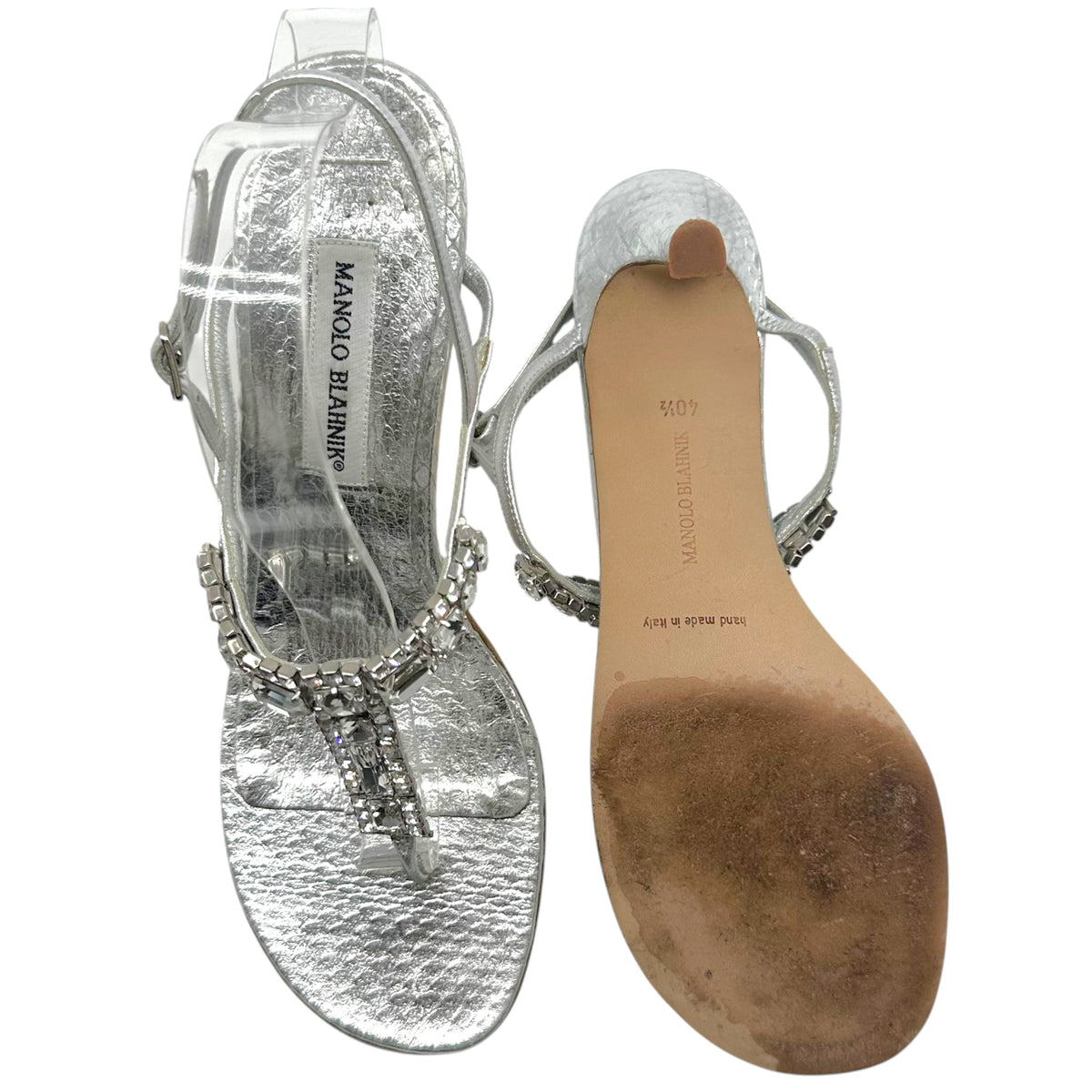 Manolo Blahnik SIlver Python & Crystal Thong Heeled Sandals