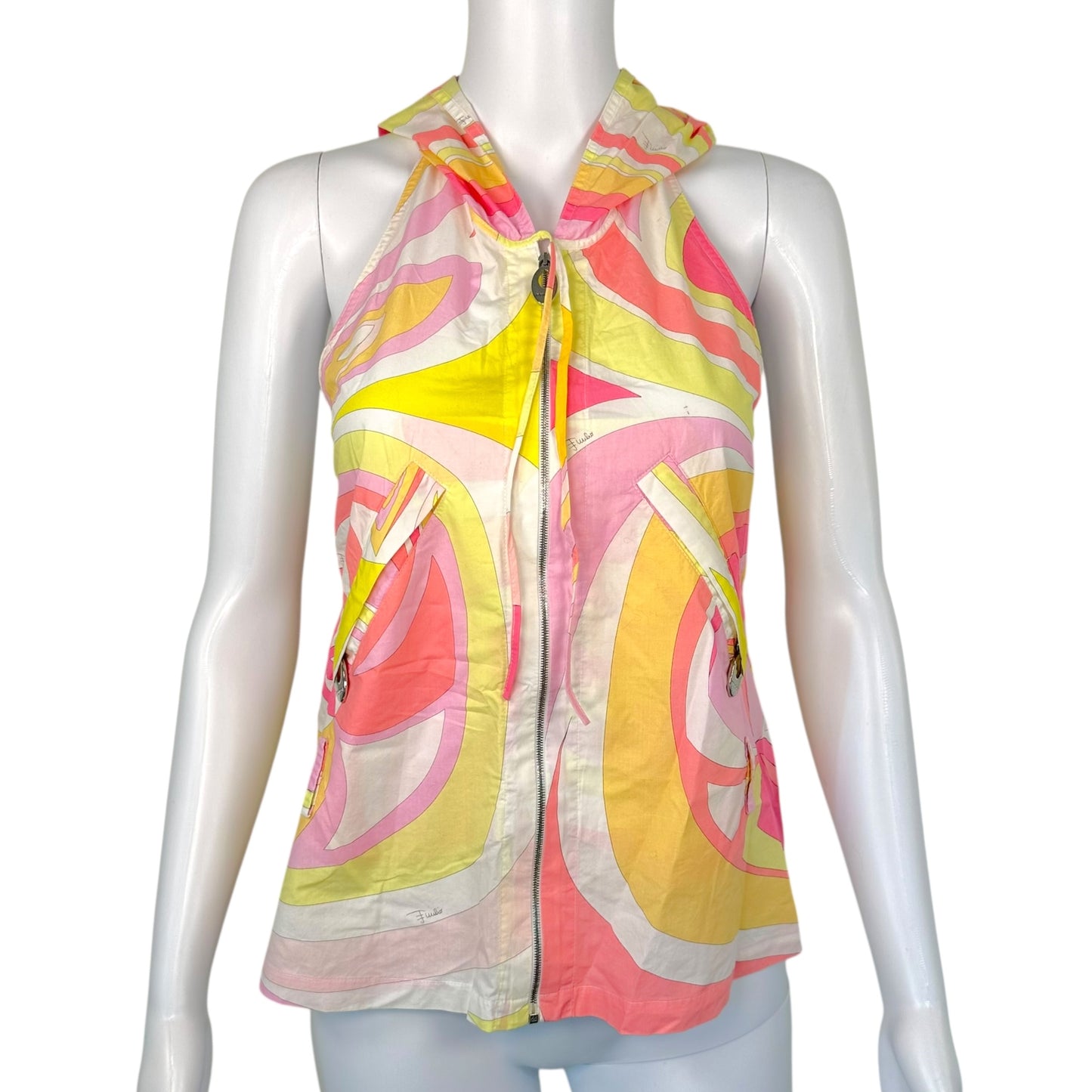 Emilio Pucci Pink & Yellow Printed Hooded Halterneck Top