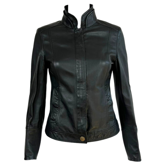 Dolce & Gabbana Black Leather Jacket High-Collar Fitted