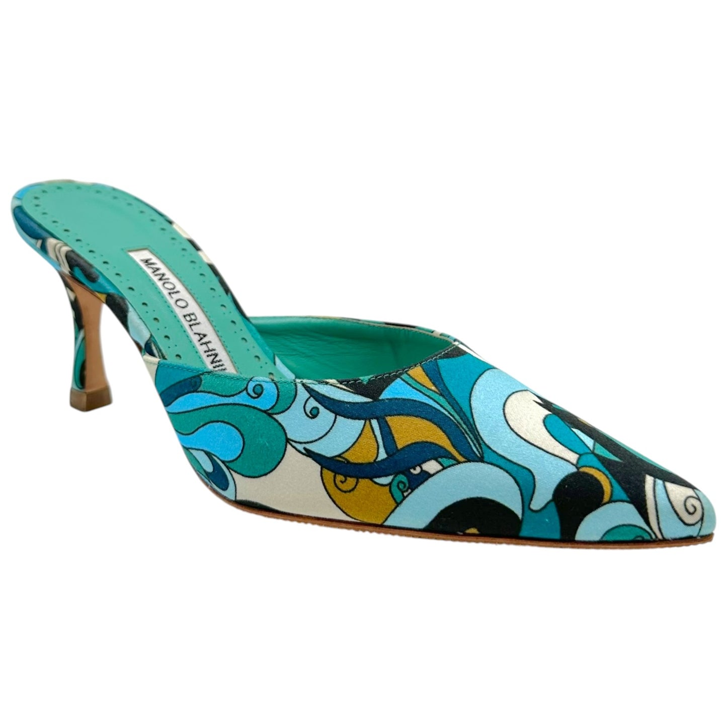 Manolo Blahnik Turquoise Swirl Print Kitten Heel Mules