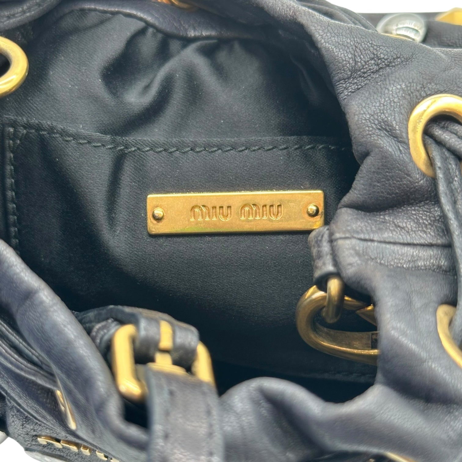 Miu Miu Silver & Gold Studded Mini Crossbody Bucket Bag - Outfit Repeater