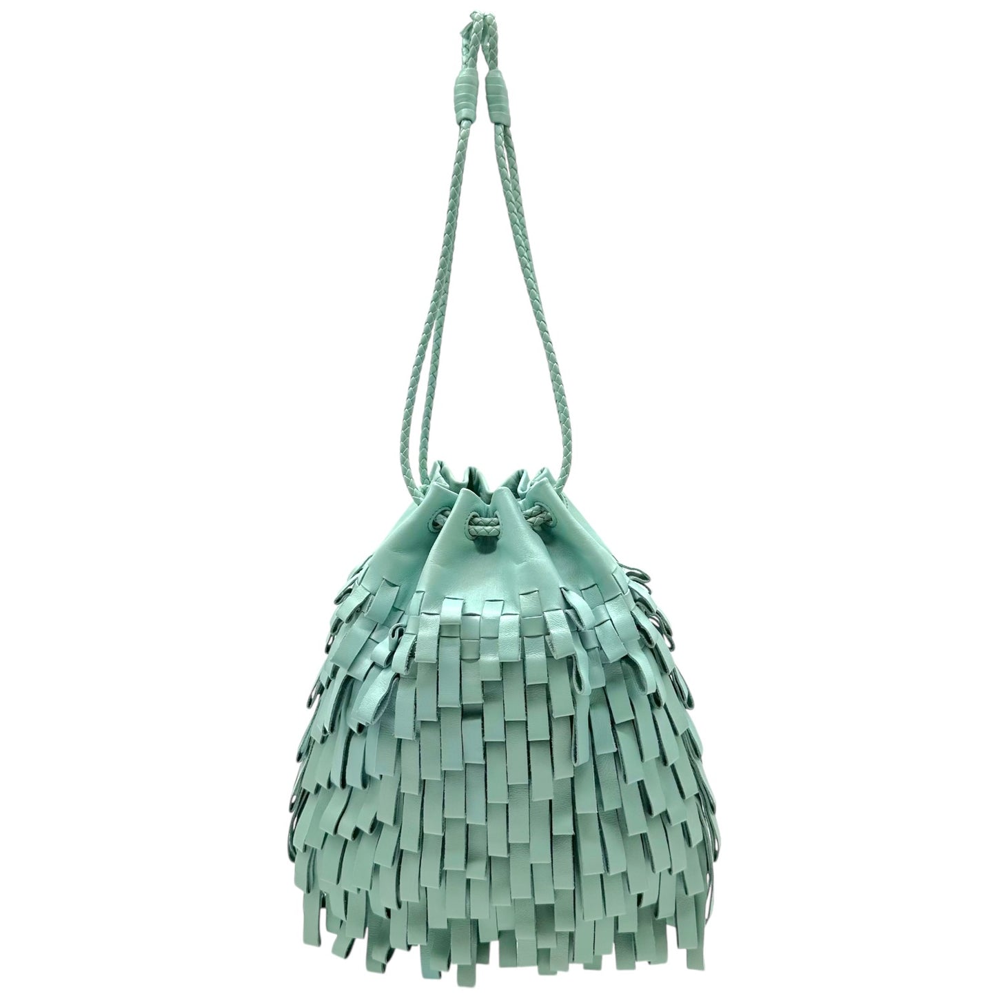 Bottega Veneta Aqua Blue Leather Fringe Drawstring Clutch Bag