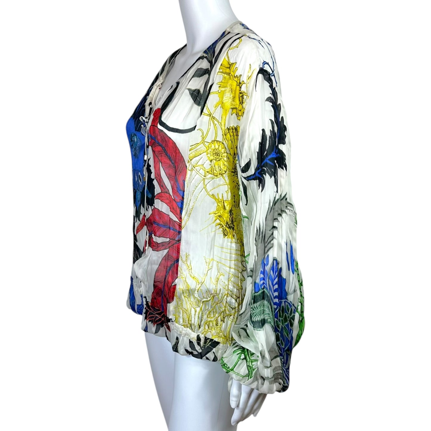 Roberto Cavalli Primary Color Floral Printed Sheer Silk Lace-Up Blouse