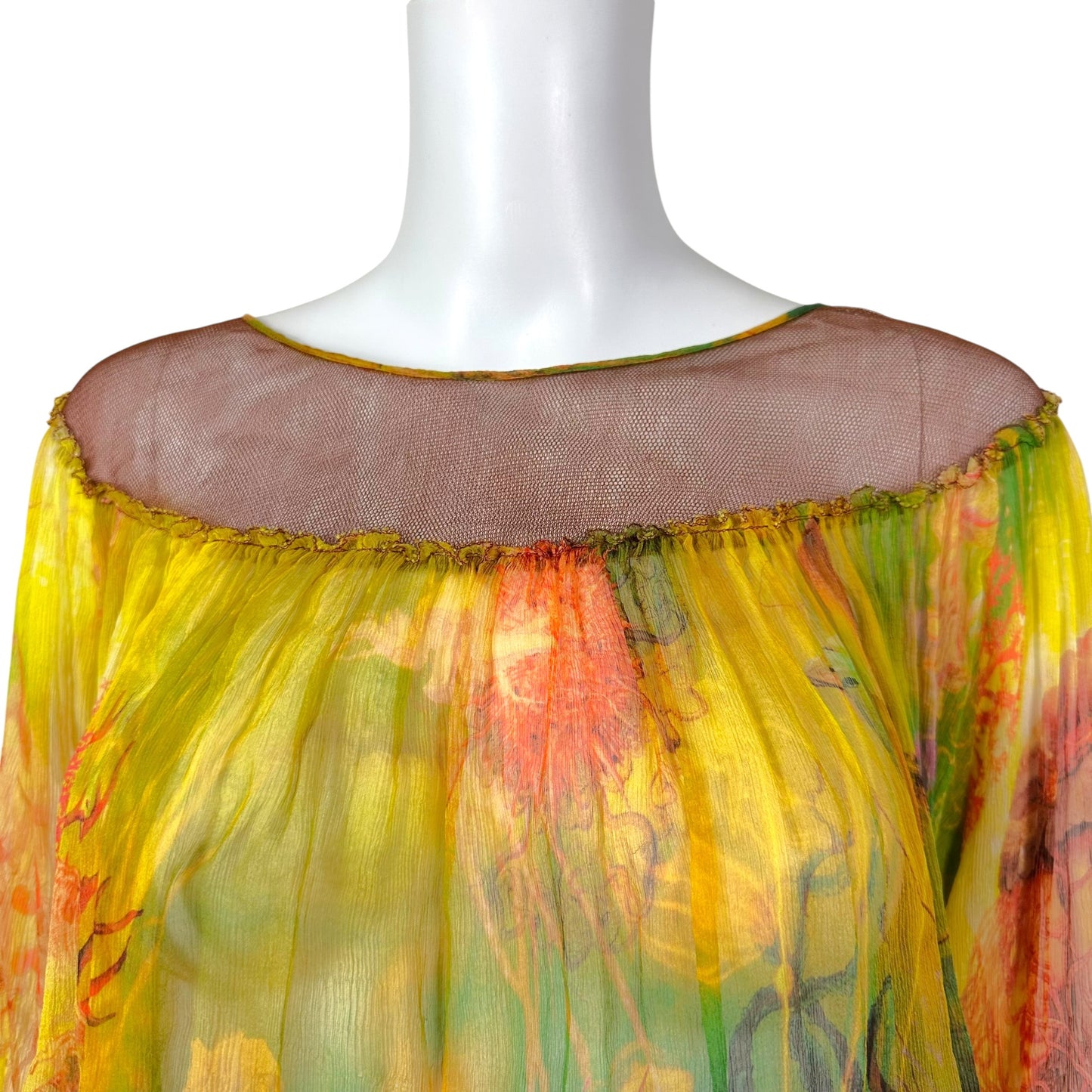 Jean Paul Gaultier Sheer Silk & Mesh Tropical Print Blouse