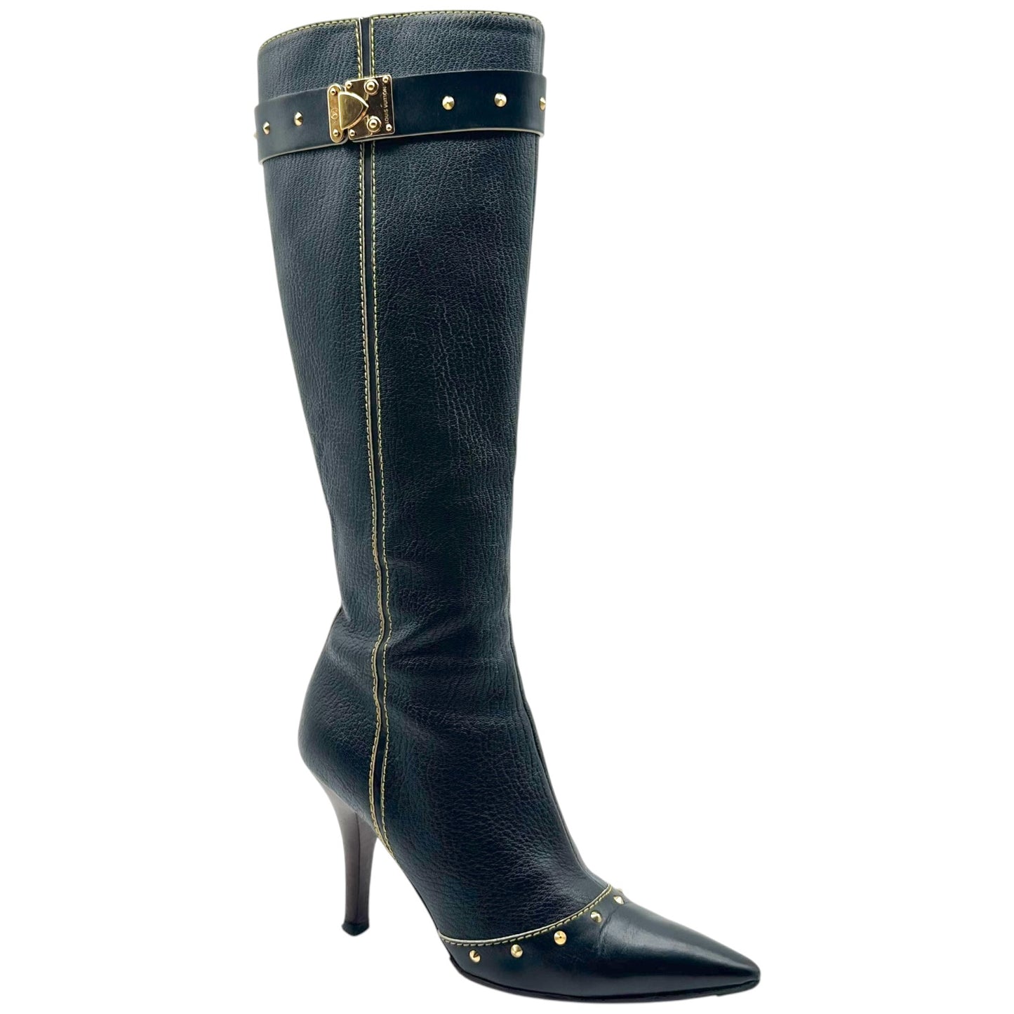 Louis Vuitton Black Leather Gold Studded Heeled Knee High Boots