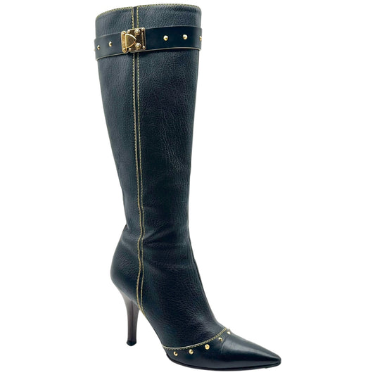 Louis Vuitton Black Leather Gold Studded Heeled Knee High Boots