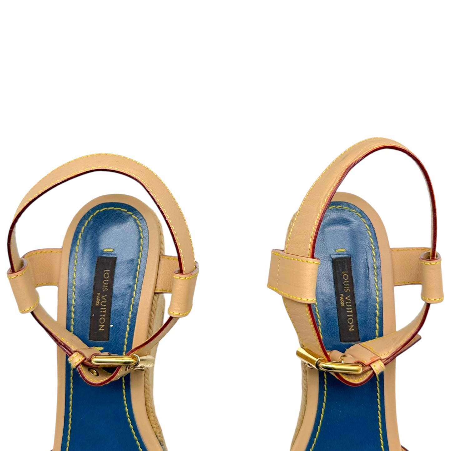Louis Vuitton Denim Monogram & Raffia Heeled Wedge Sandals
