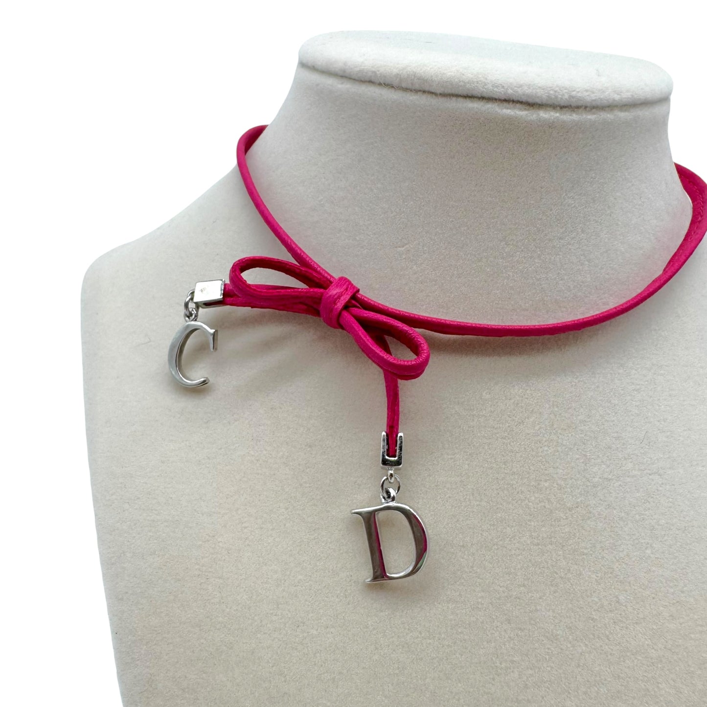 Christian Dior Pink Leather Bow Choker Necklace
