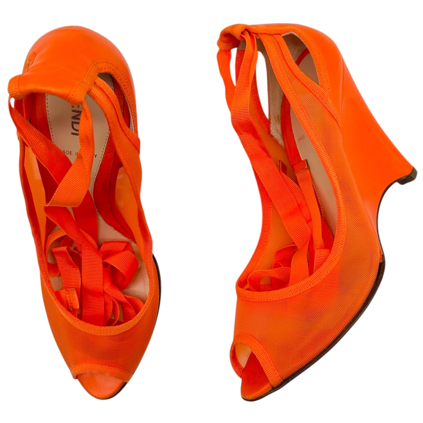 Fendi Orange Mesh Peep-Toe Wedge Wrap Heels
