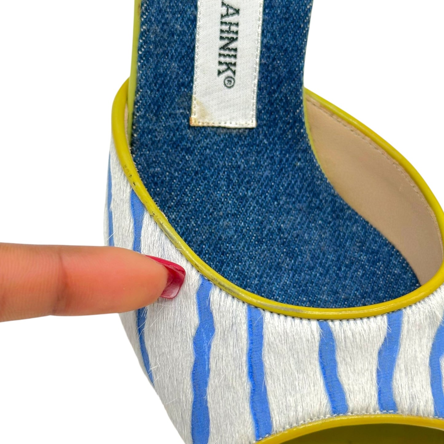Manolo Blahnik Blue & Green Zebra Print Ponyhair Mule Heels
