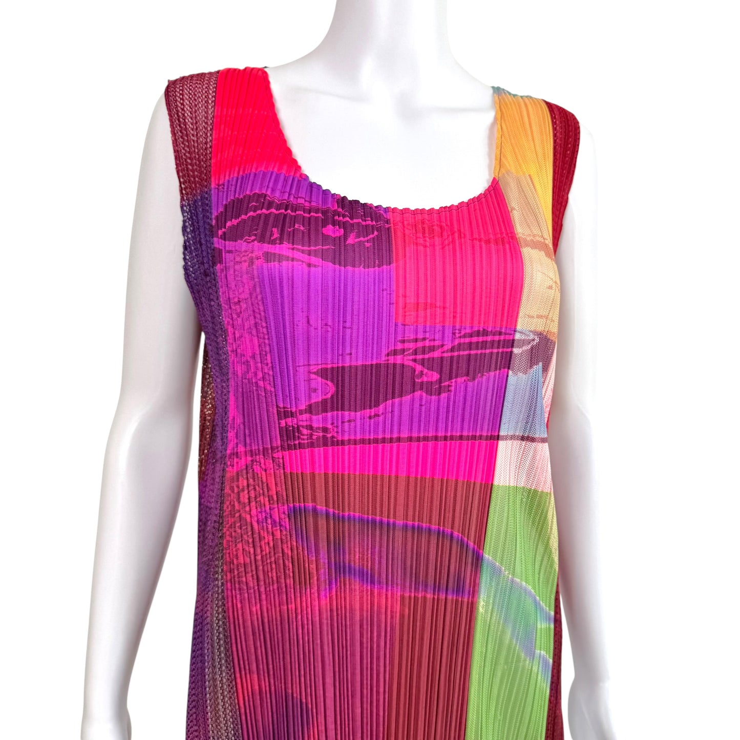 Issey Miyake Pleats Please Neon Multicolor Abstract Print Pleated Mesh Side-Slit Maxi Tunic Top Sz 5