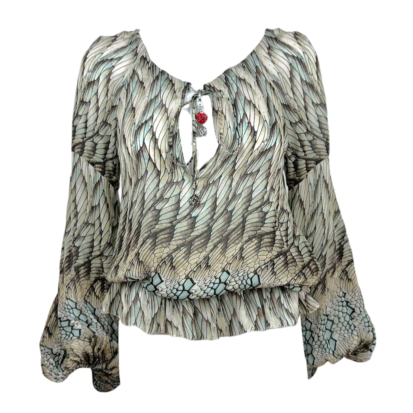 Roberto Cavalli 2006 Blue & Brown Feather Print Silk Peasant Blouse