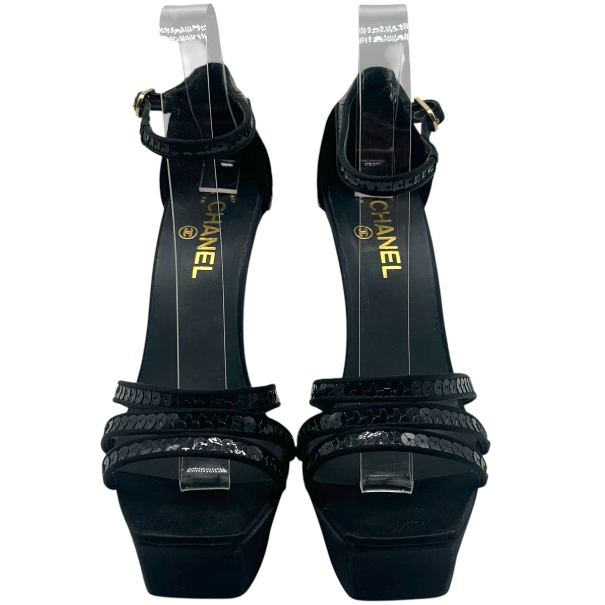Chanel Black Strappy Sequin Platform Heeled Sandals
