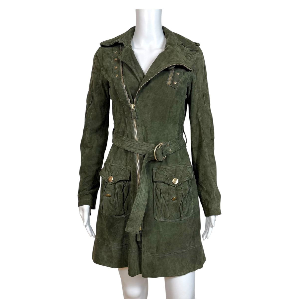 Gucci Suede Trench Coat Khaki Green Zip-Up S