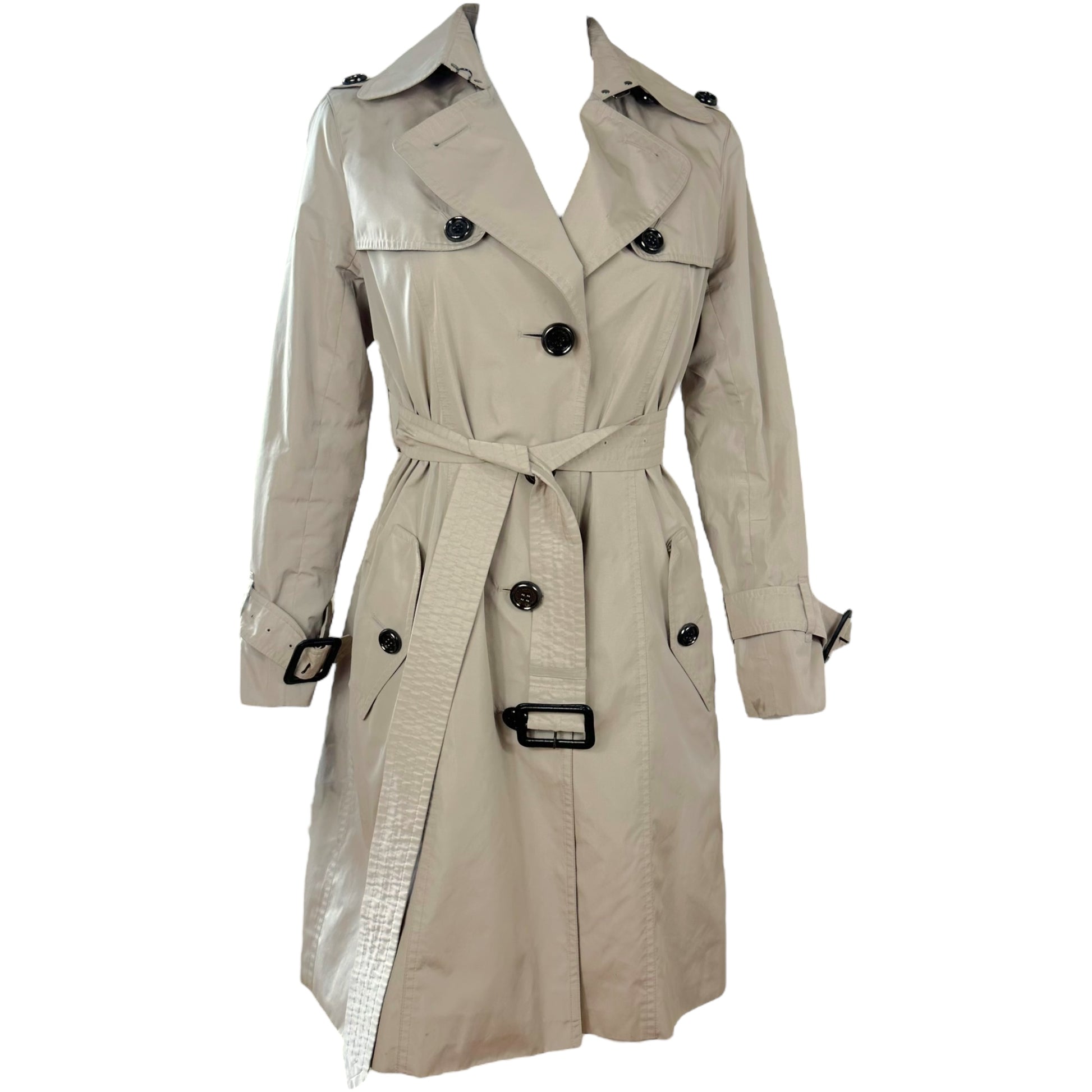 Burberry Tan Nylon Trench Coat with Belt and Pockets