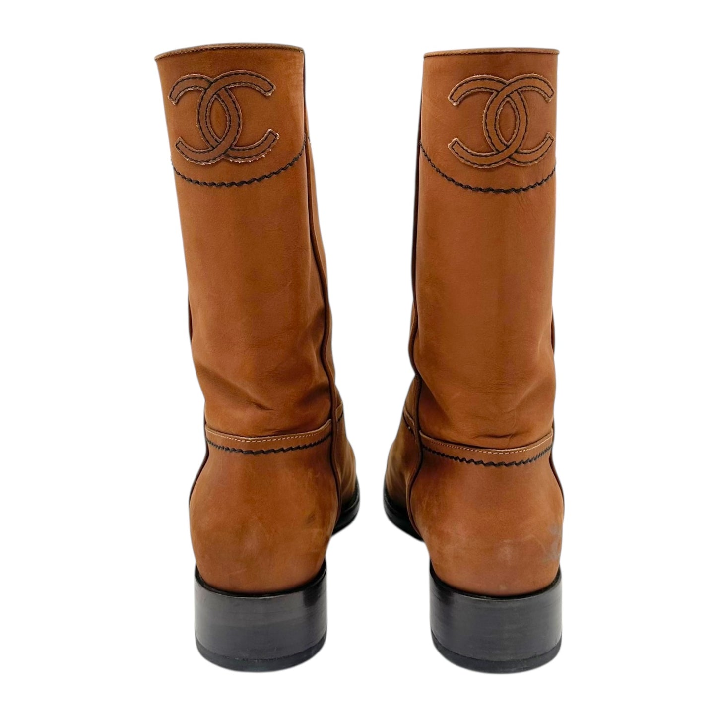Chanel Brown Leather Logo Back Western Boots