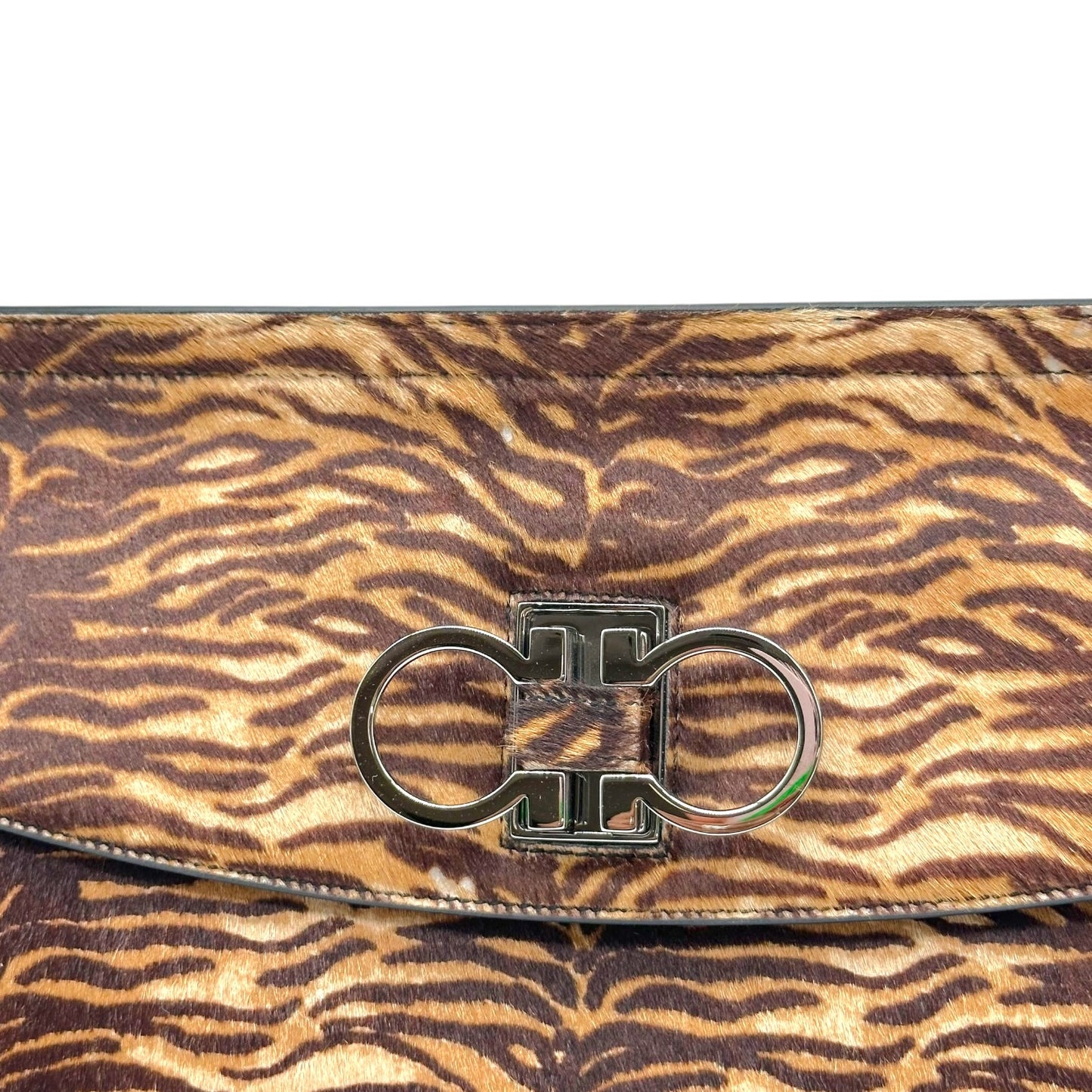 Salvatore Ferragamo Brown Zebra Print Ponyahir Large Gancini Shoulder Bag