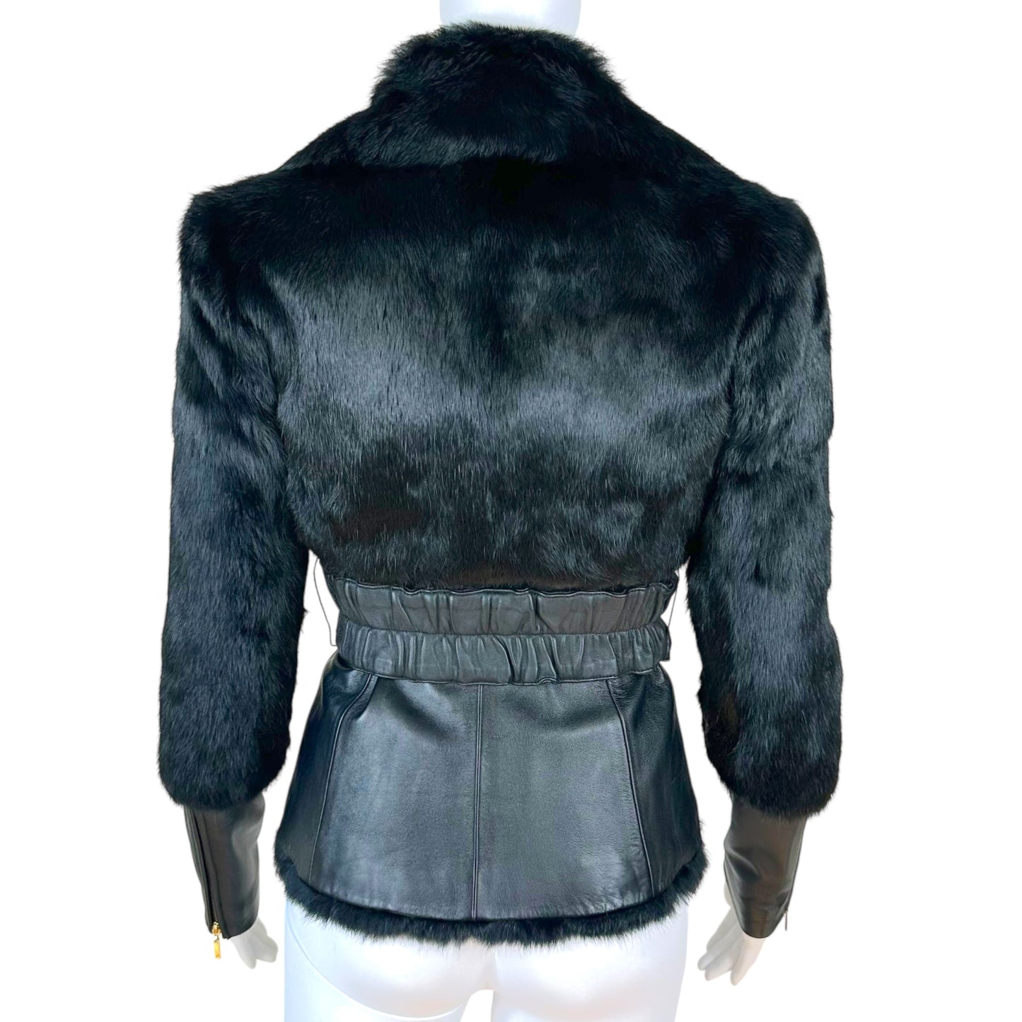Marciano Black Leather & Rabbit Fur Wrap Coat
