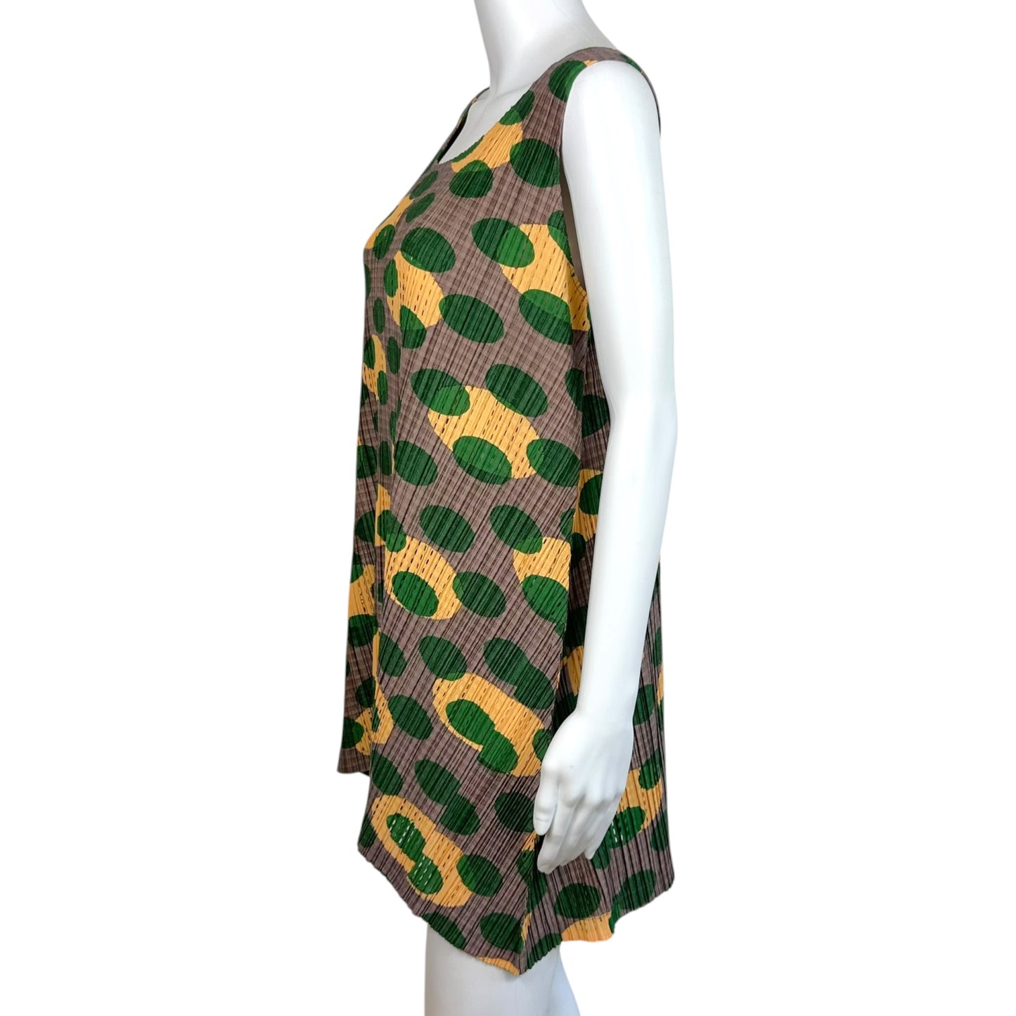 Issey Miyake Pleats Please Taupe Green & Yellow Polka Dot Pleated Sleeveless Mini Dress