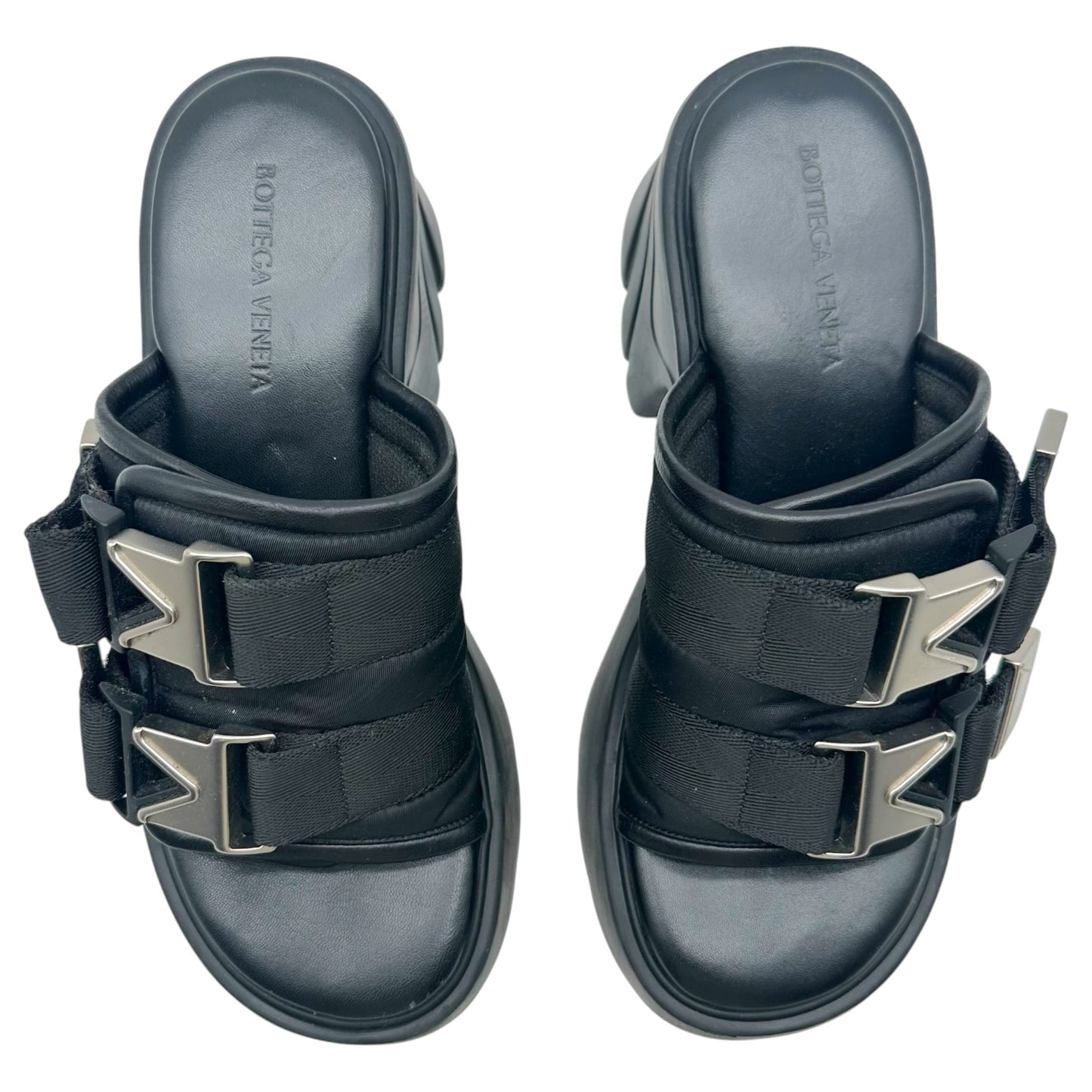 Bottega Veneta Black Silver Platform Heeled Slide Sandals