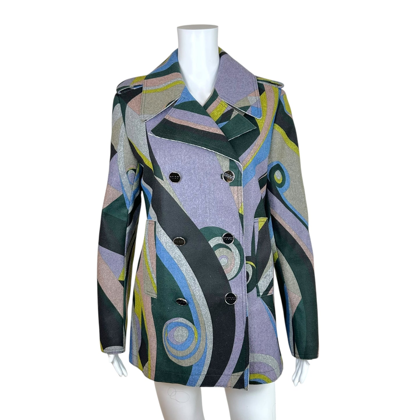 Emilio Pucci Double Breasted Coat Gray Multicolor Print