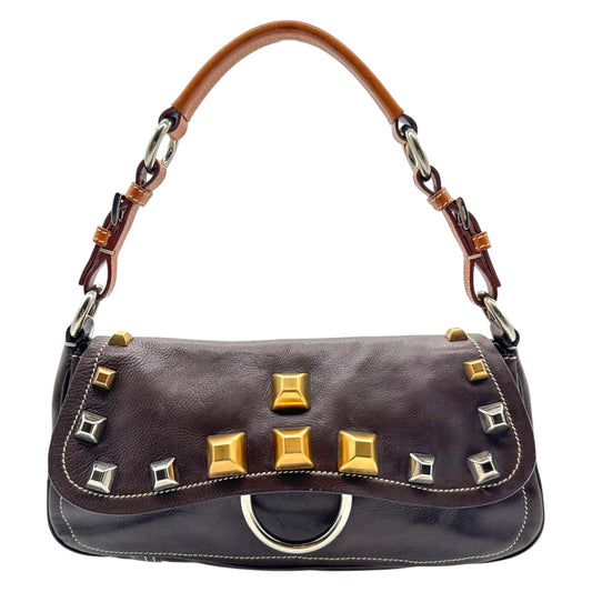 Prada Brown Leather Mixed Metal Studded Shoulder Bag