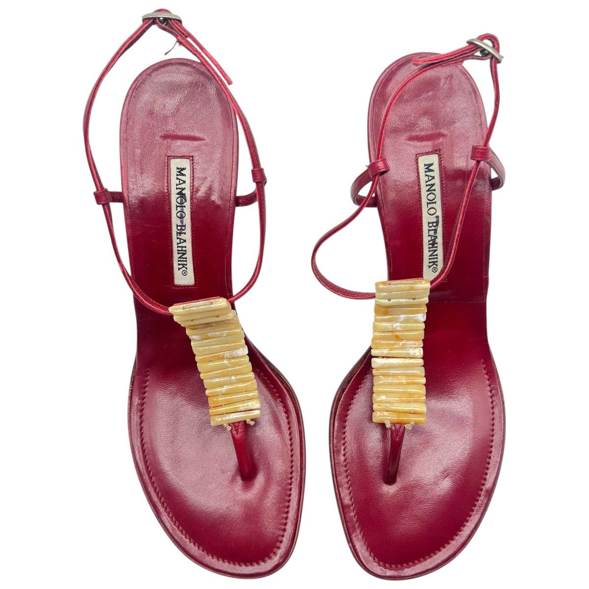 Manolo Blahnik Red Leather Thong Heeled Sandals