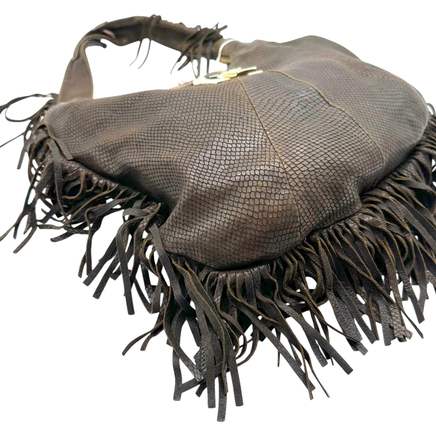 Jimmy Choo Brown Snakeskin Embossed Hobo Bag with Fringe