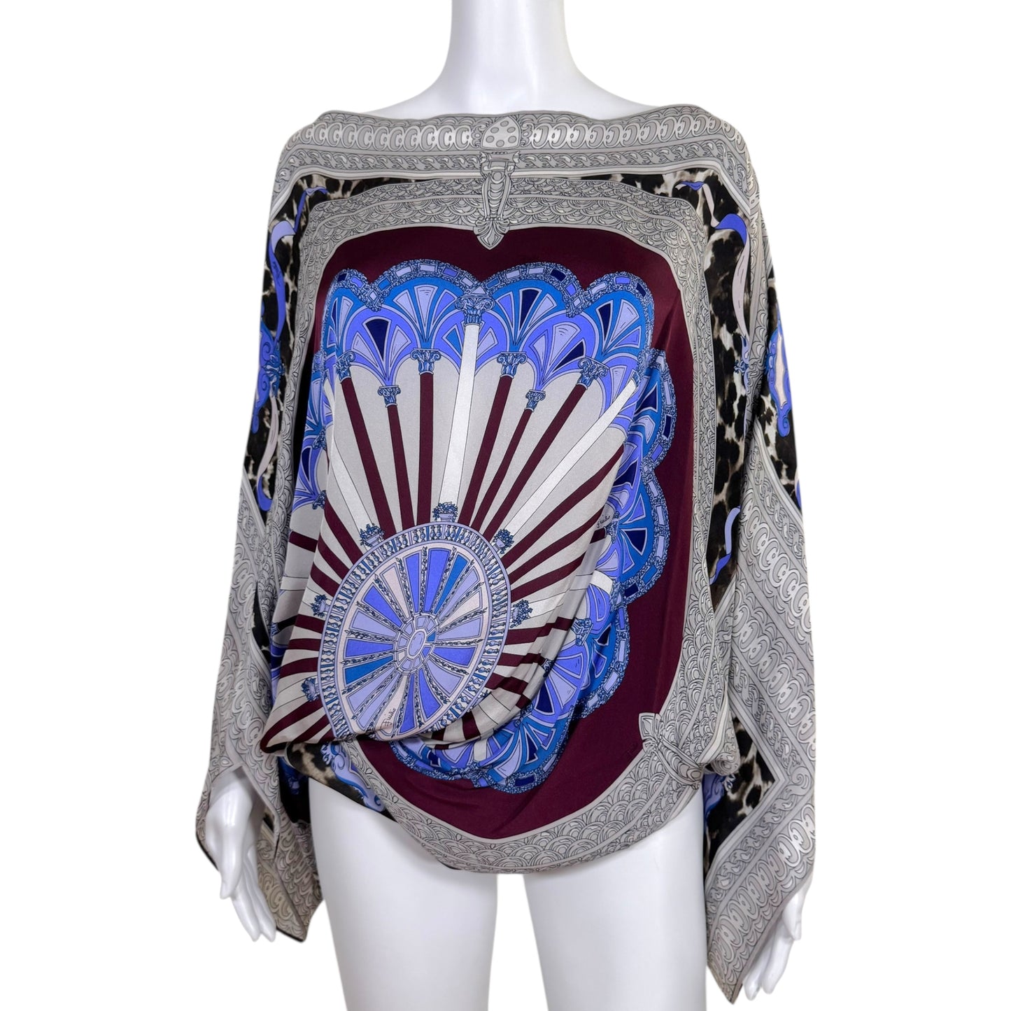 Emilio Pucci Blue & Gray Printed Silk Batwing Flowy Blouse - Outfit Repeater