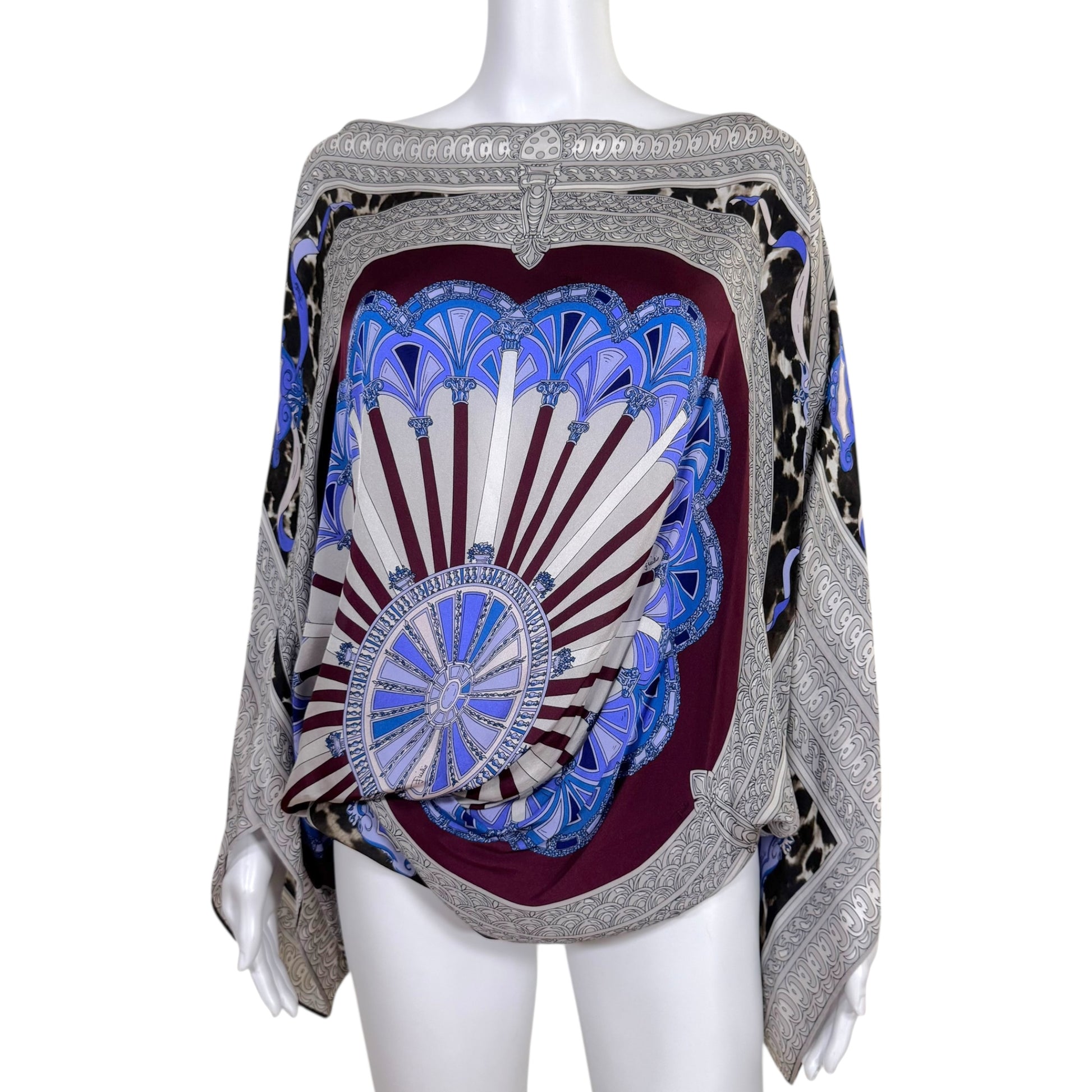 Emilio Pucci Blue & Gray Printed Silk Batwing Flowy Blouse - Outfit Repeater