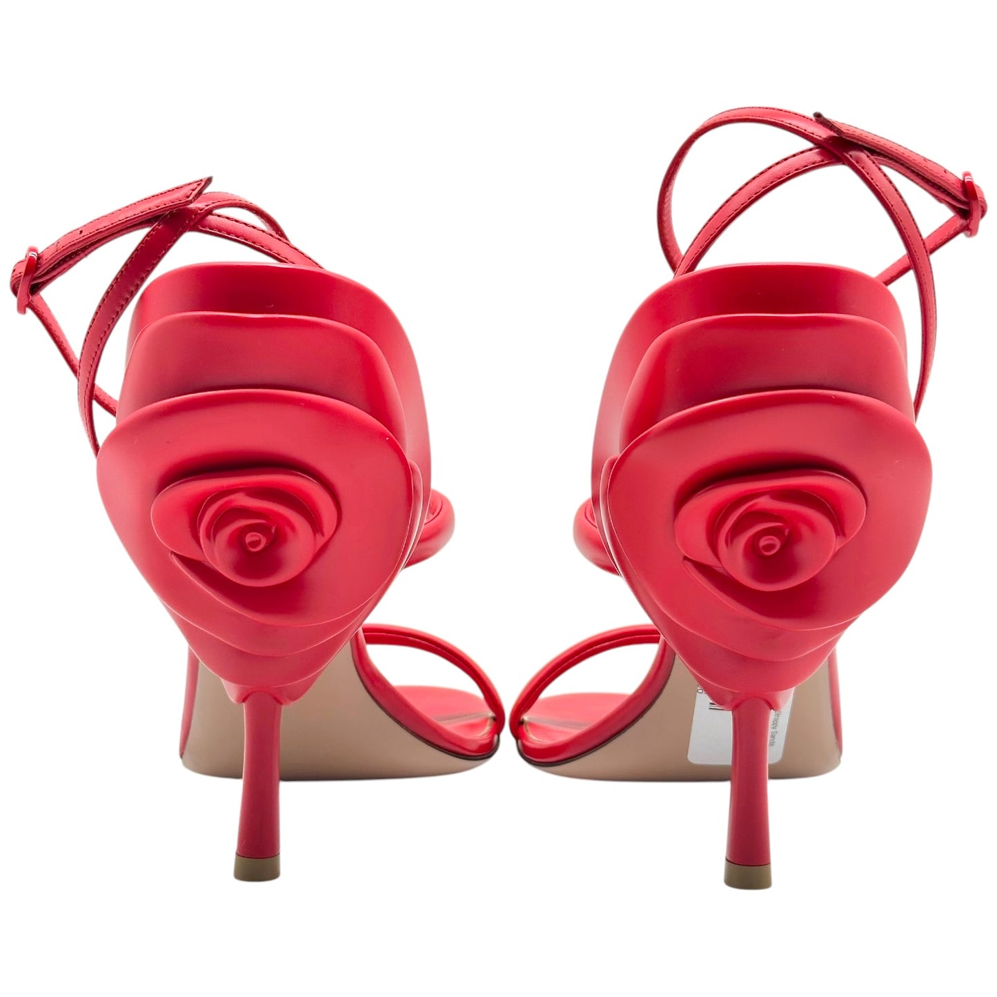 Valentino Garavani Red Leather Flower Heel Strappy Sandal Pumps