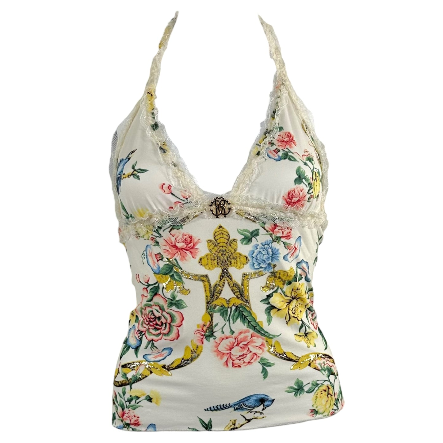 Roberto Cavalli White Lace & Floral Halter Top