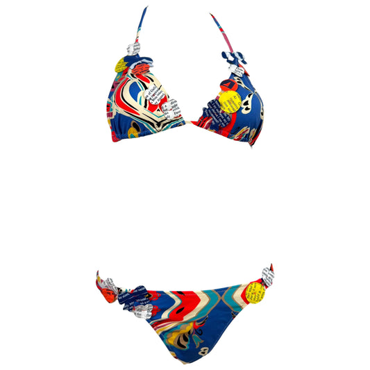 John Galliano Red Blue Printed Bikini Set