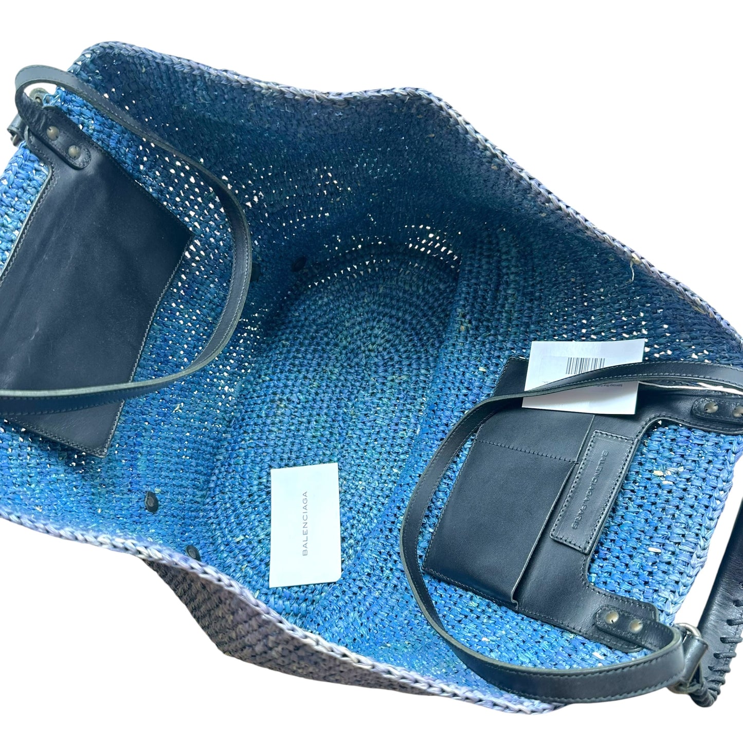 Balenciaga Large 2-Way City Beach Bag Blue Raffia Black Leather