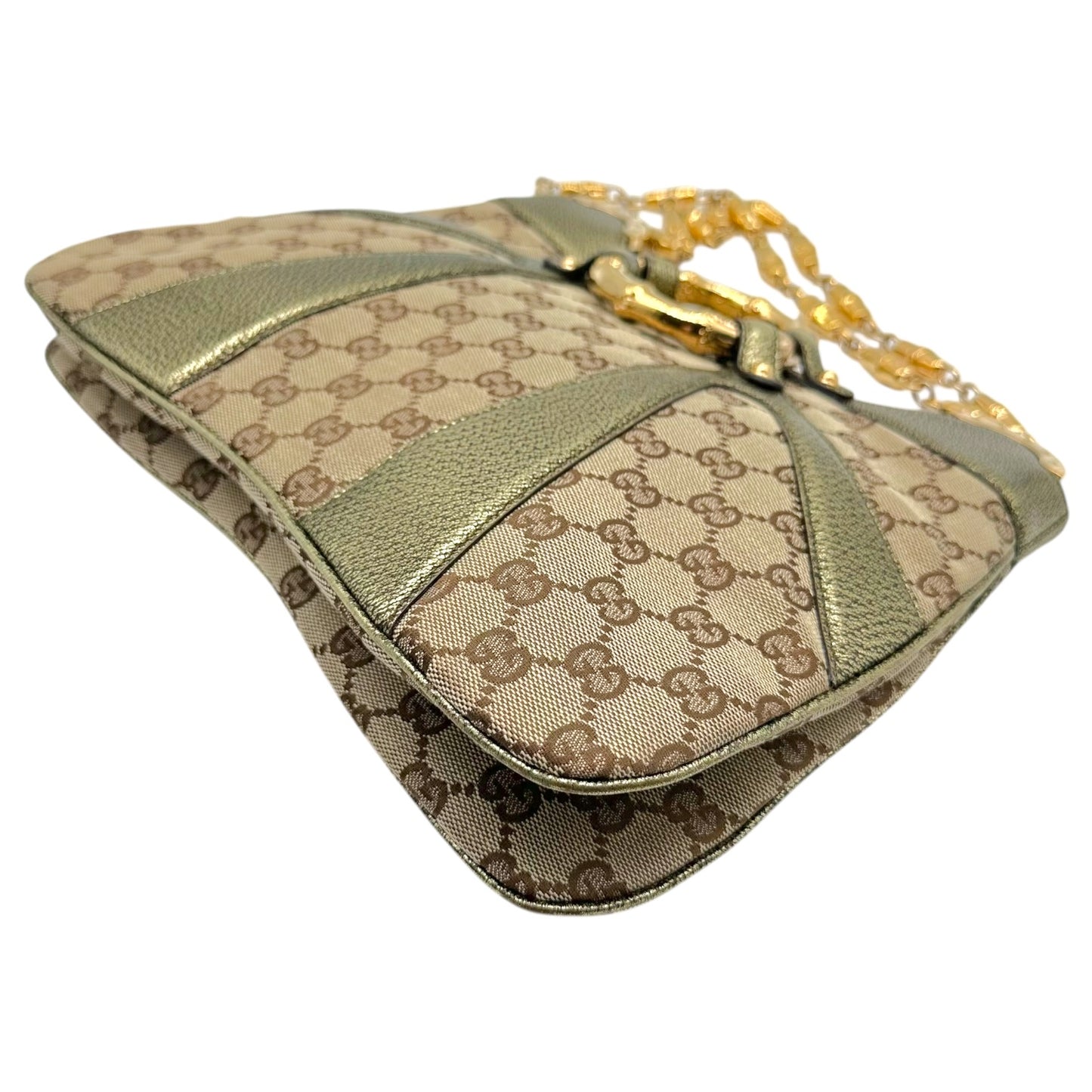 Gucci Shoulder Bag Tan Monogram Gold Bamboo Accents
