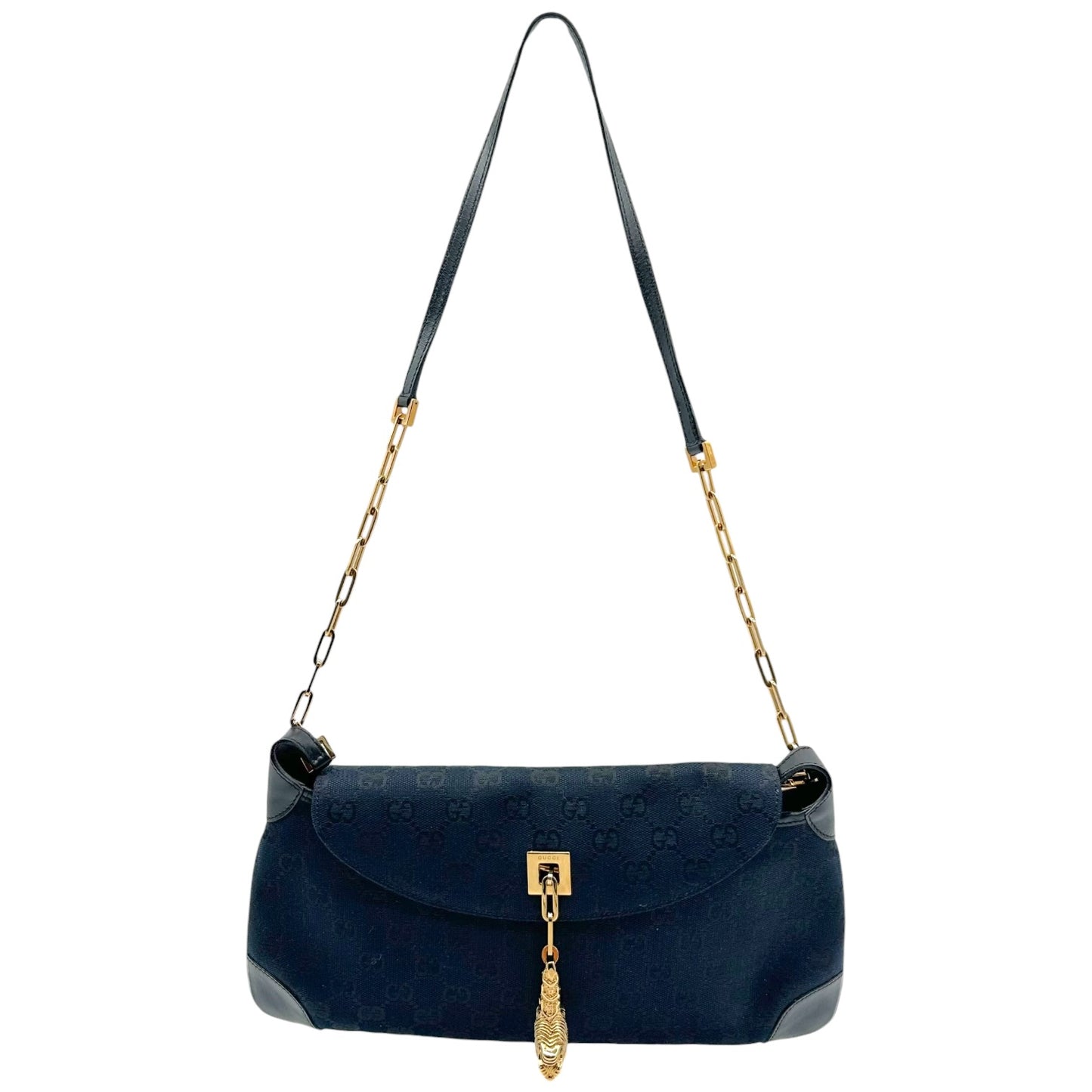 Gucci Shoulder Bag Black Monogram Gold Chain Tiger Charm